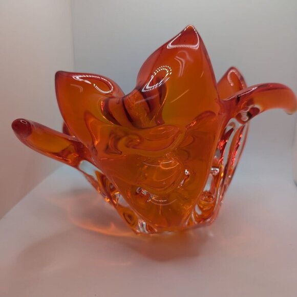 Vintage Murano glass Sunburst Flame Bowl Hand Blown Art orange Amberina - Picture 3 of 8